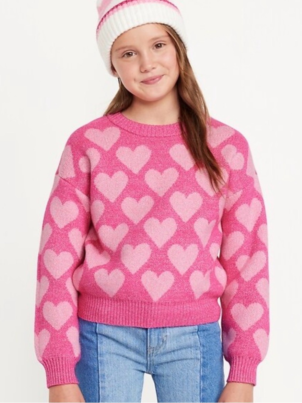 Old Navy Hot Pink Heart Crewneck Sweater cropped. Slouchy. Shimmer XL 14/16